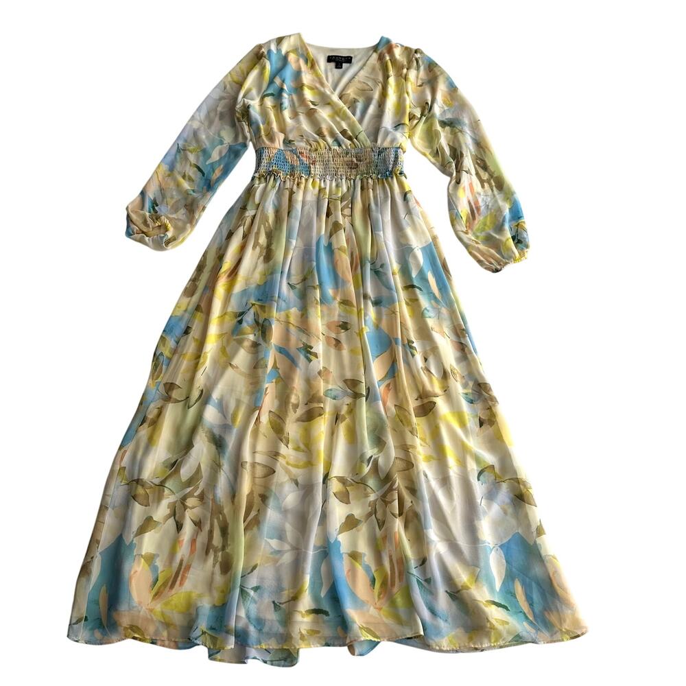 Laundry by Shelli Segal Floral Sheer‎ Overlay Pastel Puff Sleeve Maxi Dress 6